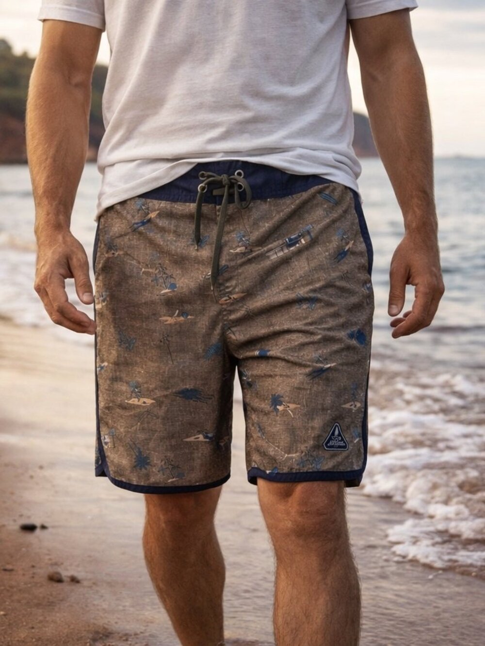 Prana Surf Print Board Shorts Brown Blue UPF 50+ Swim Trunks Size 34